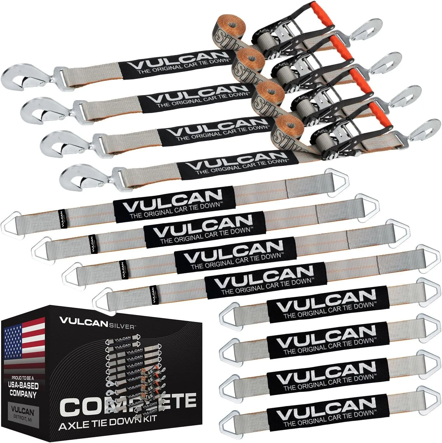 Vulcan Complete Tie Down Kit - Silver Series - Includes 4x 22" & 36" Axle Straps, 4x 8' Snap Hook Ratchet Straps