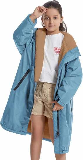 Warm Thick Lambswool Swim Parka for Kids, Oversized Hooded Surf Poncho Loose Waterproof Swimming Coat（7-14 Years Old）