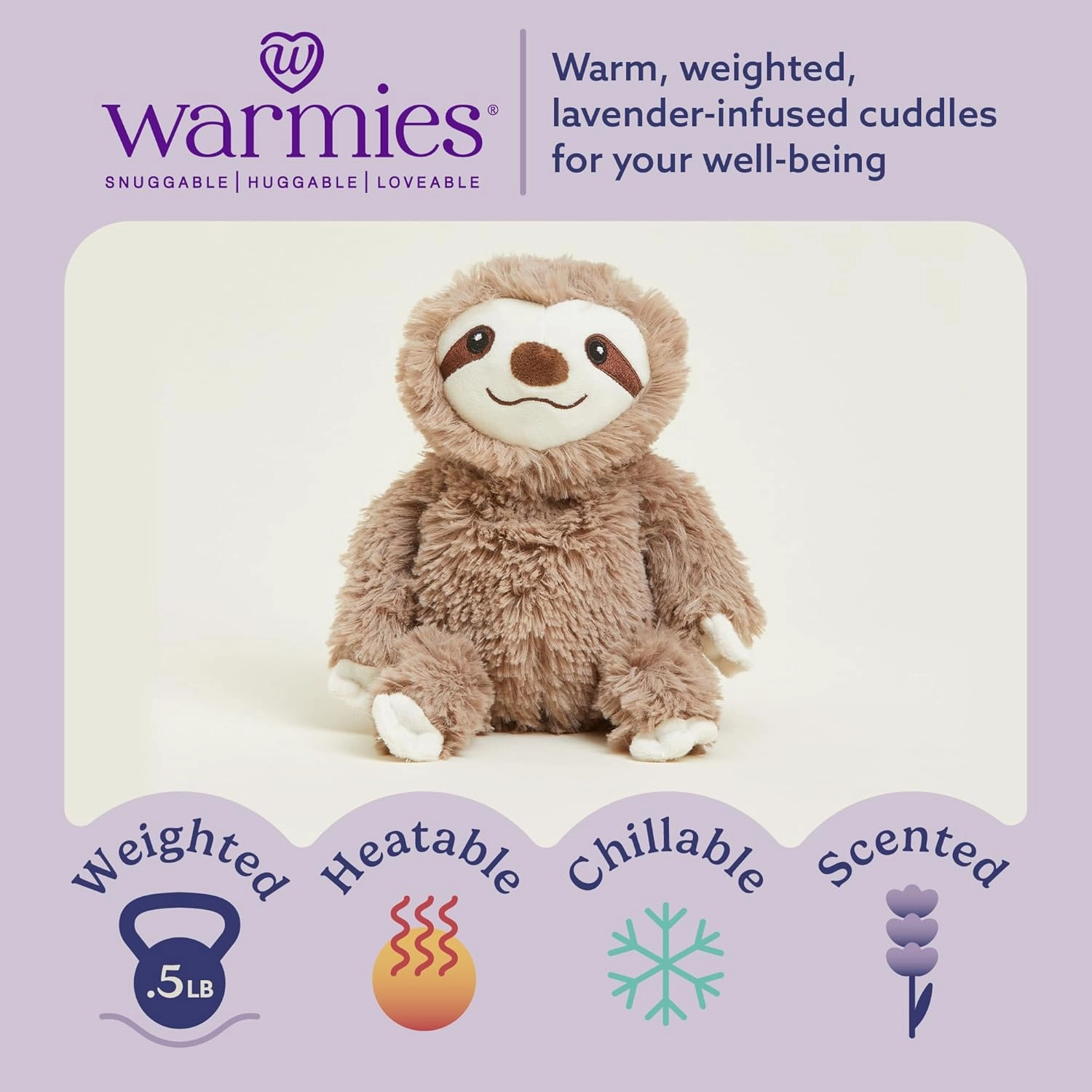warmies Junior Microwavable & Weighted Stuffed Animals, Sloth - Heated Stuffed Animal Plushie for Warmth & Comfort - Cute Soft Plush Toys for Adults & Children (Boys, Girls, Babies & Toddlers)