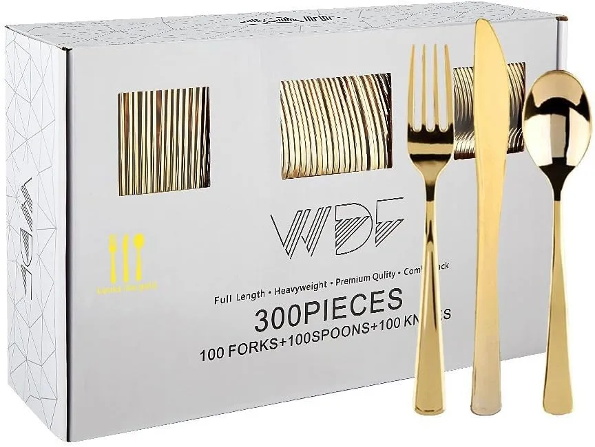 WDF300 Pieces Gold Plastic Silverware - Heavy Duty Disposable Gold Cutlery Set Plastic Gold Silverware Set Plastic Includes 100 Forks, 100 Spoons, 100 Knives for Party