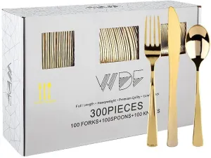 WDF300 Pieces Gold Plastic Silverware - Heavy Duty Disposable Gold Cutlery Set Plastic Gold Silverware Set Plastic Includes 100 Forks, 100 Spoons, 100 Knives for Party