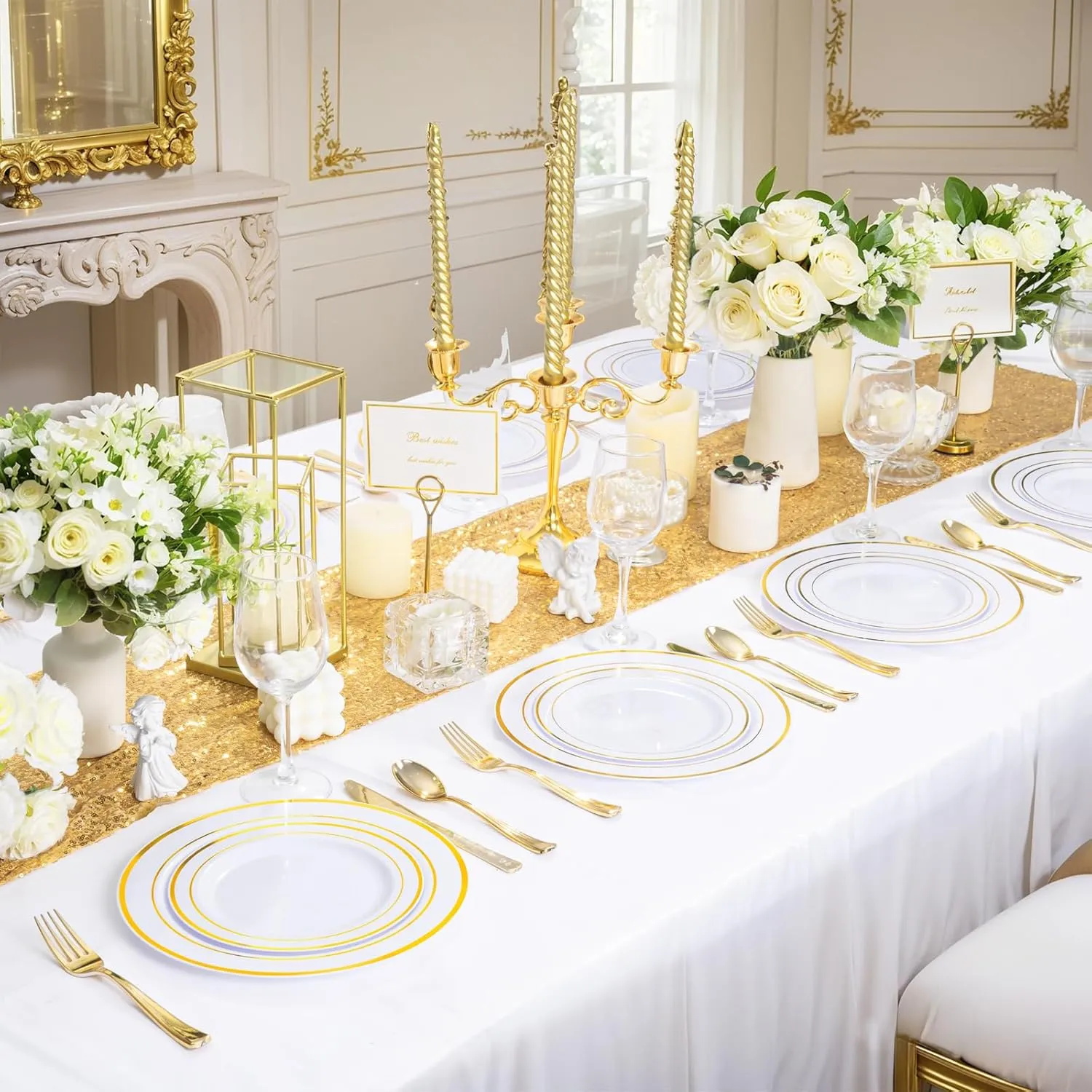 WDF300 Pieces Gold Plastic Silverware - Heavy Duty Disposable Gold Cutlery Set Plastic Gold Silverware Set Plastic Includes 100 Forks, 100 Spoons, 100 Knives for Party