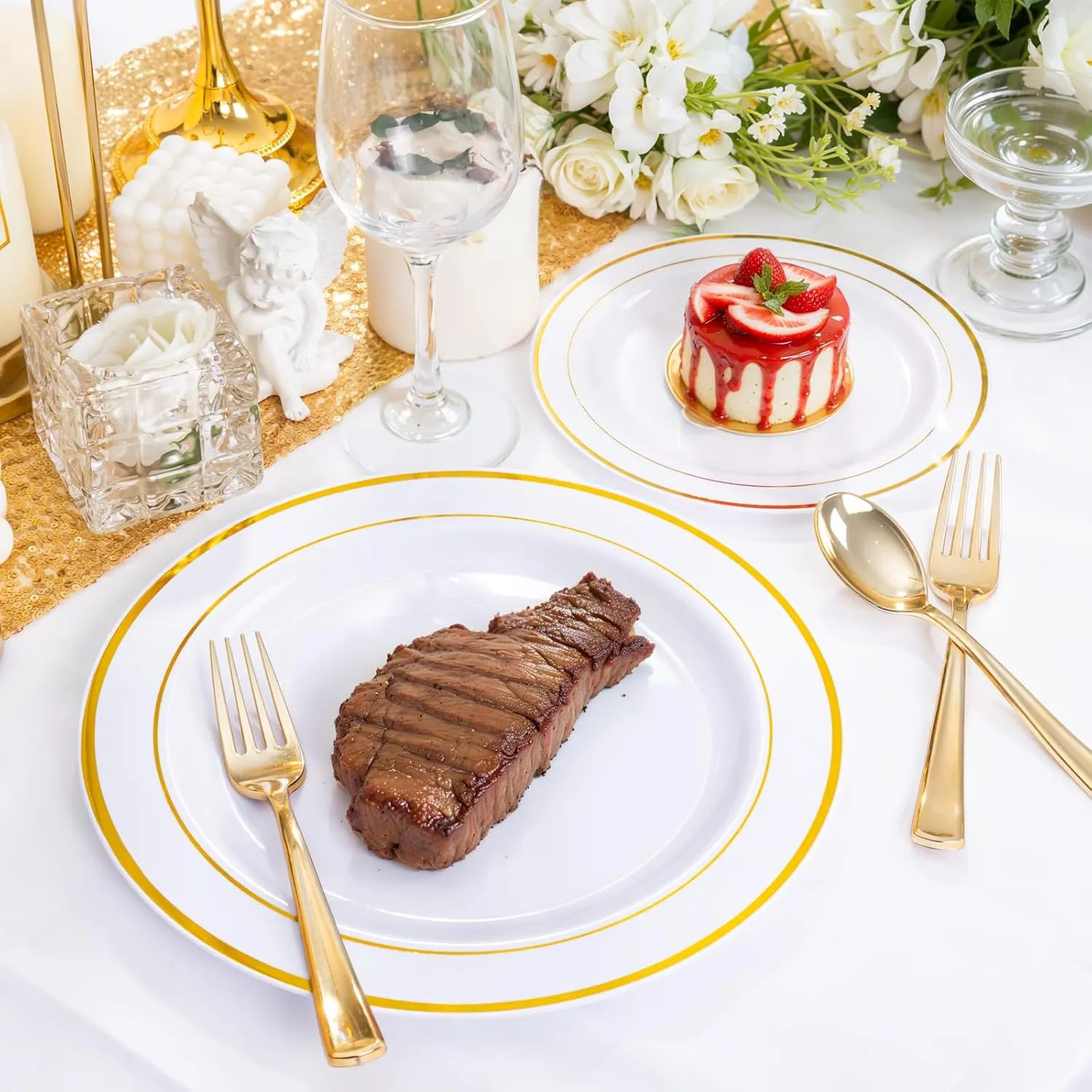 WDF300 Pieces Gold Plastic Silverware - Heavy Duty Disposable Gold Cutlery Set Plastic Gold Silverware Set Plastic Includes 100 Forks, 100 Spoons, 100 Knives for Party
