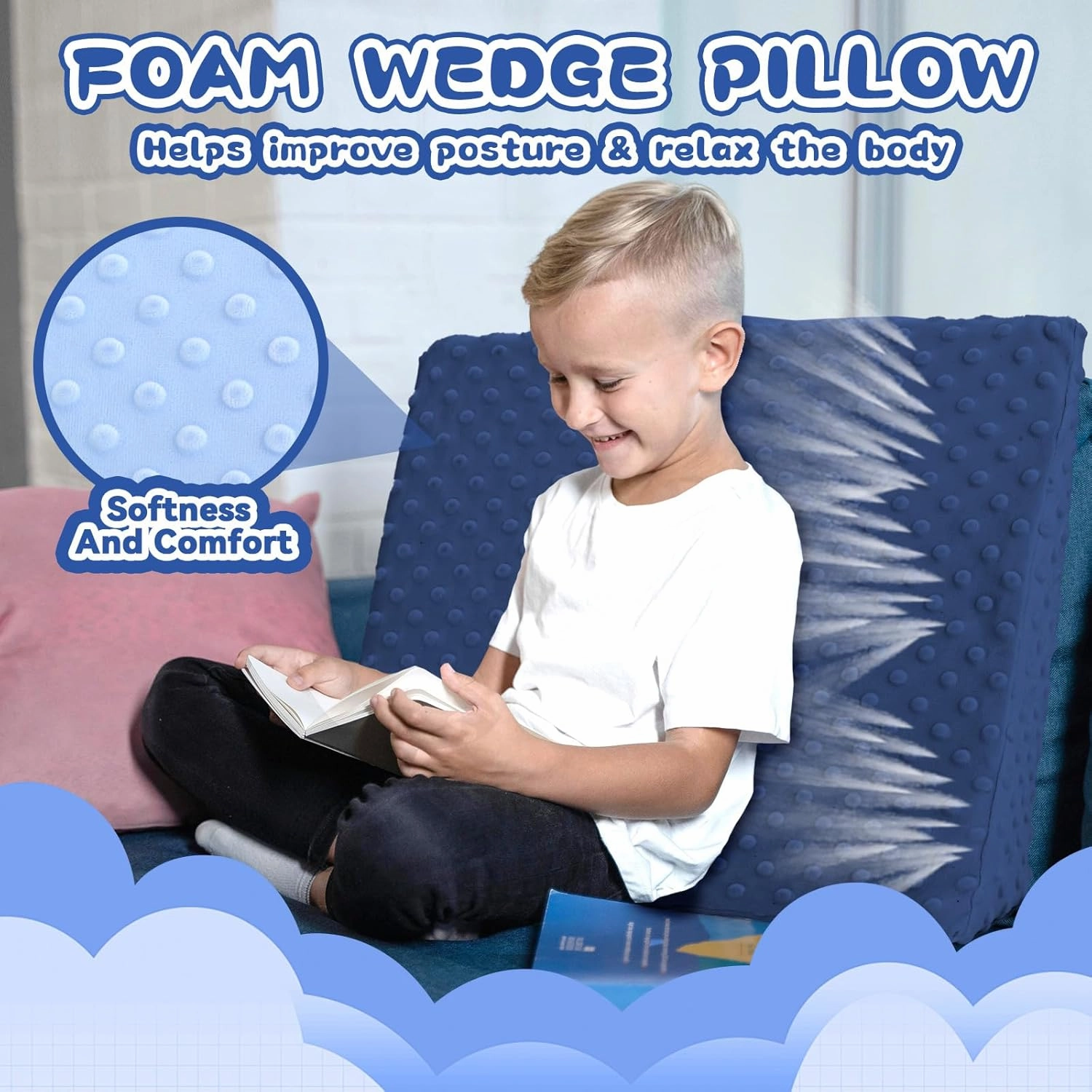 Wedge Pillow for Kids,Memory Foam for Back,Legs & Knees, Relaxation and Comfort, Soft and Breathable, Dot Texture Pillow for Reading Watching TV Gaming Sleeping, Fit for Sofa Floor Room