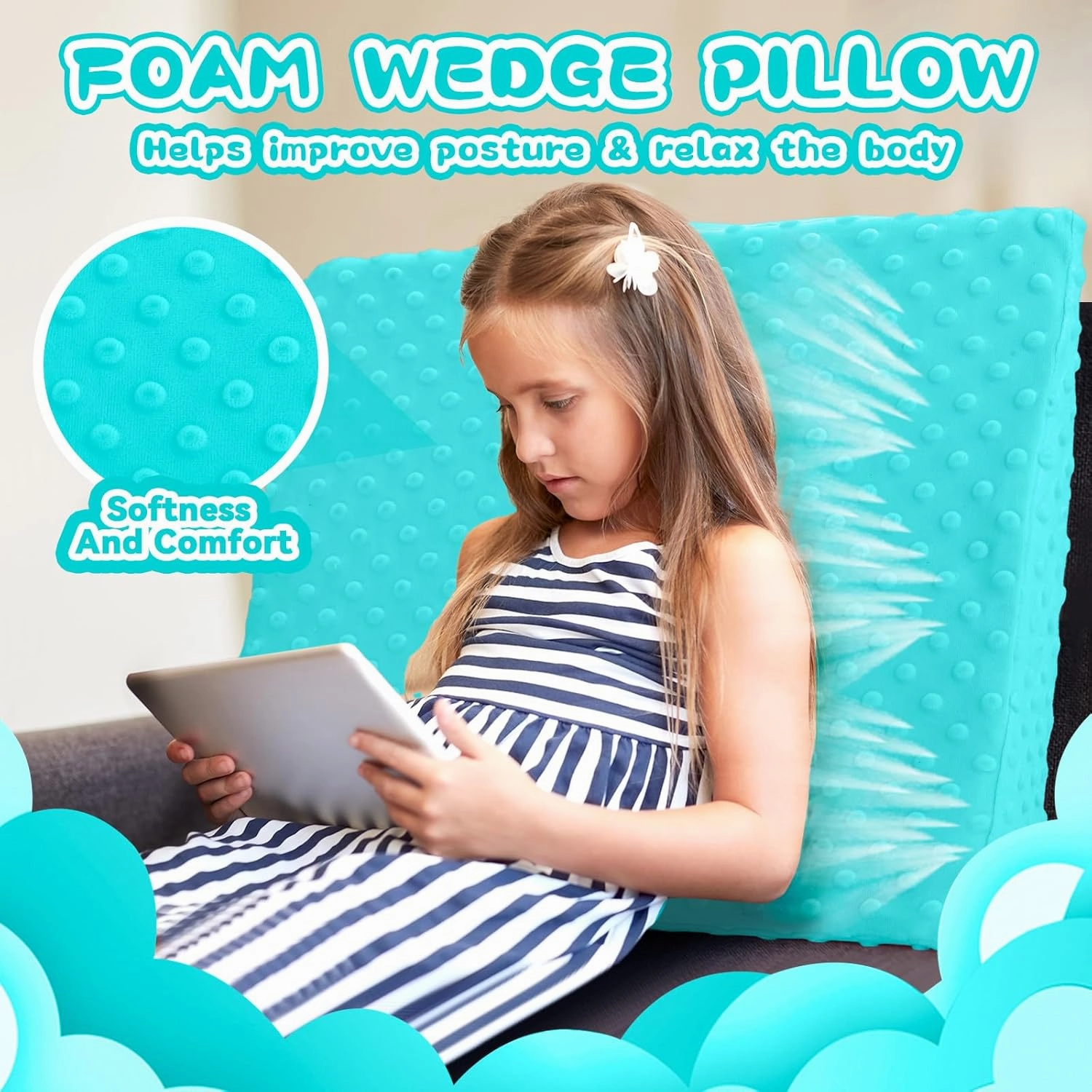 Wedge Pillow for Kids,Memory Foam for Back,Legs & Knees, Relaxation and Comfort, Soft and Breathable, Dot Texture Pillow for Reading Watching TV Gaming Sleeping, Fit for Sofa Floor Room