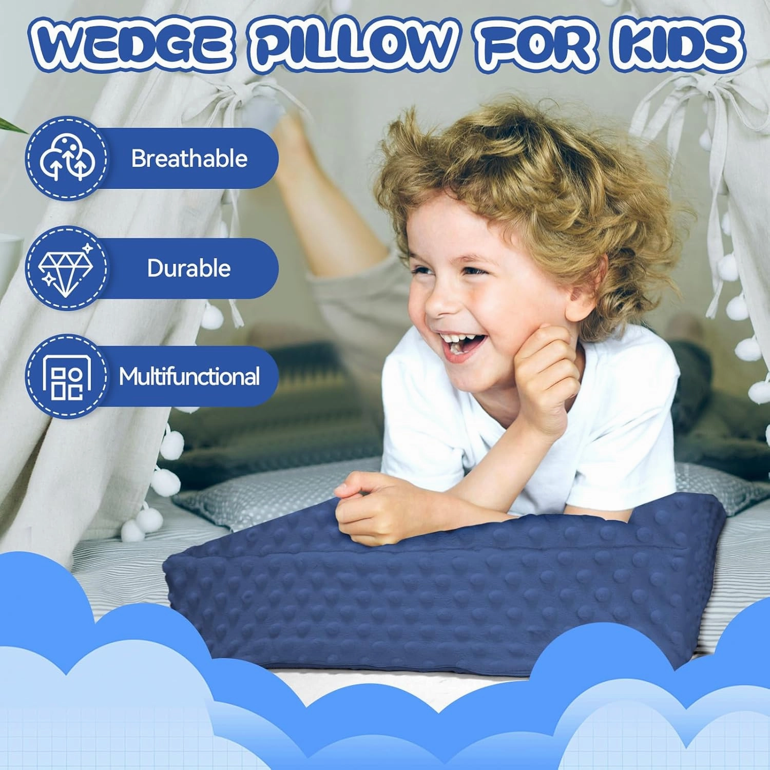 Wedge Pillow for Kids,Memory Foam for Back,Legs & Knees, Relaxation and Comfort, Soft and Breathable, Dot Texture Pillow for Reading Watching TV Gaming Sleeping, Fit for Sofa Floor Room