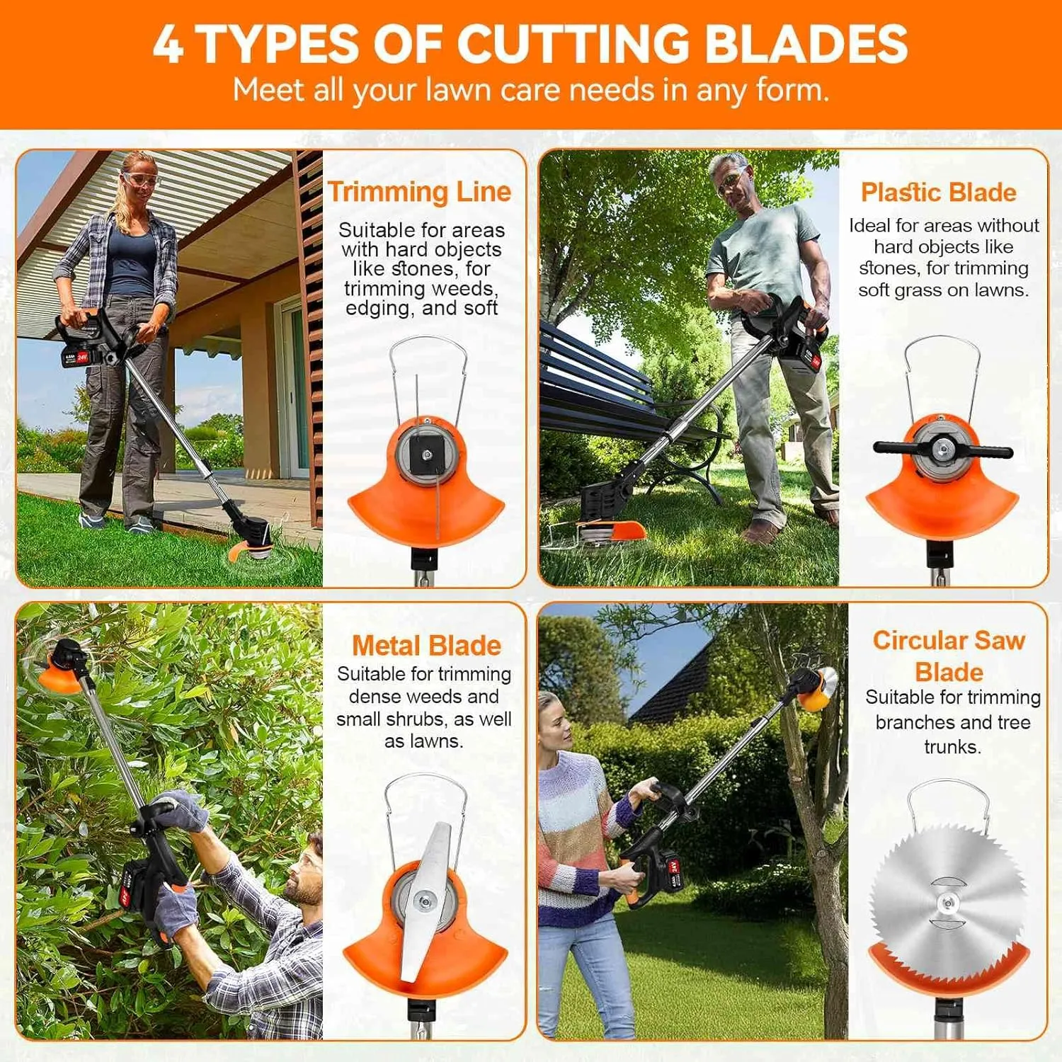 Weed Wacker Cordless,24v Electric Weed Eater Battery Powered,3 In 1 Lightweight Grass Trimmer with 2 4.0 Ah Batteries & Charger, Height Adjustable Brush Cutter for Women,Lawn Care,Garden,Yard (Orange)
