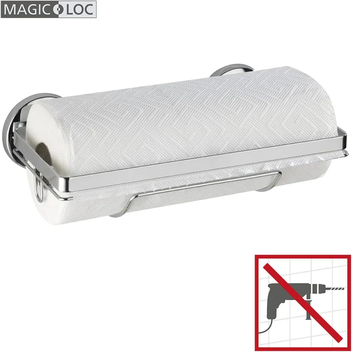 WENKO Magic-Loc Kitchen roll Holder-Fixing Without Drilling, Chrome Plated Metal, Silver Shiny, 13 x 28 x 9 cm