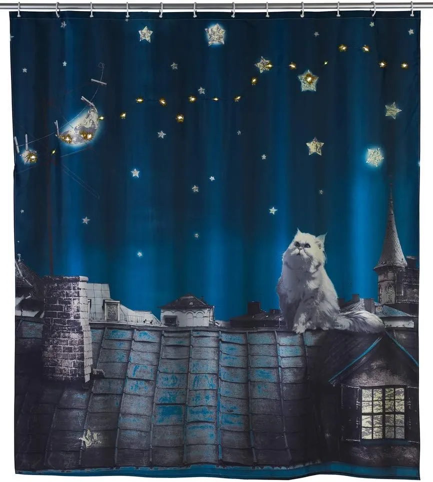 WENKO Shower Curtain, Bath Curtain, Washable Fabric Shower Curtain, Polyester Shower Curtain Liner, Bathtub Curtain, Decorativ Design Cat 70.9 x 78.7 in