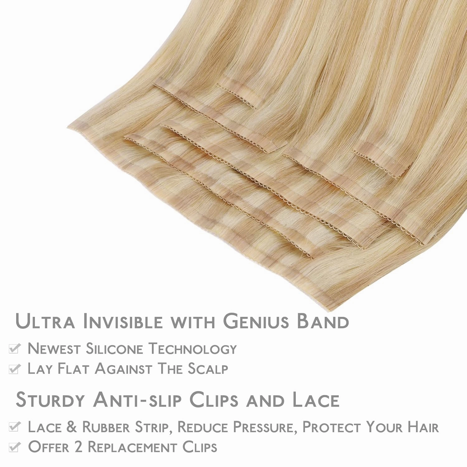 WENNALIFE Genius Seamless Clip in Hair Extensions Human Hair 7pcs Ultra Invisible 50% Thinner Seamless Hair Extensions Clip In Light Blonde Highlighted Golden Blonde Real Human Hair