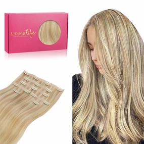 WENNALIFE Genius Seamless Clip in Hair Extensions Human Hair 7pcs Ultra Invisible 50% Thinner Seamless Hair Extensions Clip In Light Blonde Highlighted Golden Blonde Real Human Hair