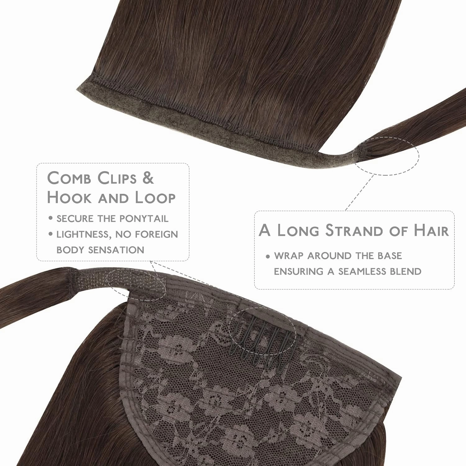 WENNALIFE Ponytail Hair Extension, 14 Inch 75g Light Dark Brown Ponytail Extension Human Hair Clip in Wrap Around Remy Human Hair Extension Hairpieces Real Human Hair