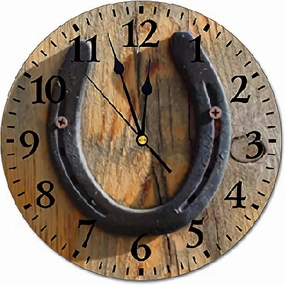 Western Good Luck Horseshoe Wall Clock Cute Wood Look Rustic Chic Style Clocks Wall Decor 15 Inch Battery Operated Decorative Wall Clock Silent Round Wood Wall Clock Hanging Clocks for Bedroom