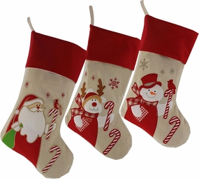 WEWILL Lovely Christmas Stockings Set of 3 Santa, Snowman, Reindeer, Xmas Character 3D Plush Linen Hanging Tag Knit Border, 17 Inch
