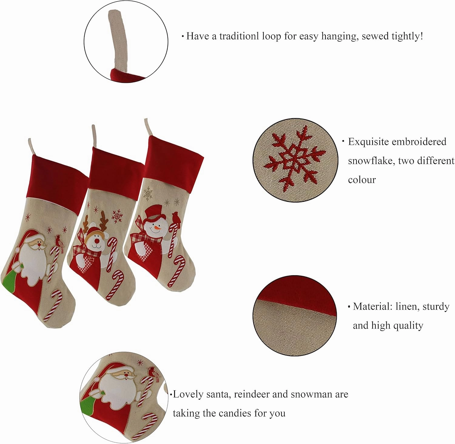 WEWILL Lovely Christmas Stockings Set of 3 Santa, Snowman, Reindeer, Xmas Character 3D Plush Linen Hanging Tag Knit Border, 17 Inch