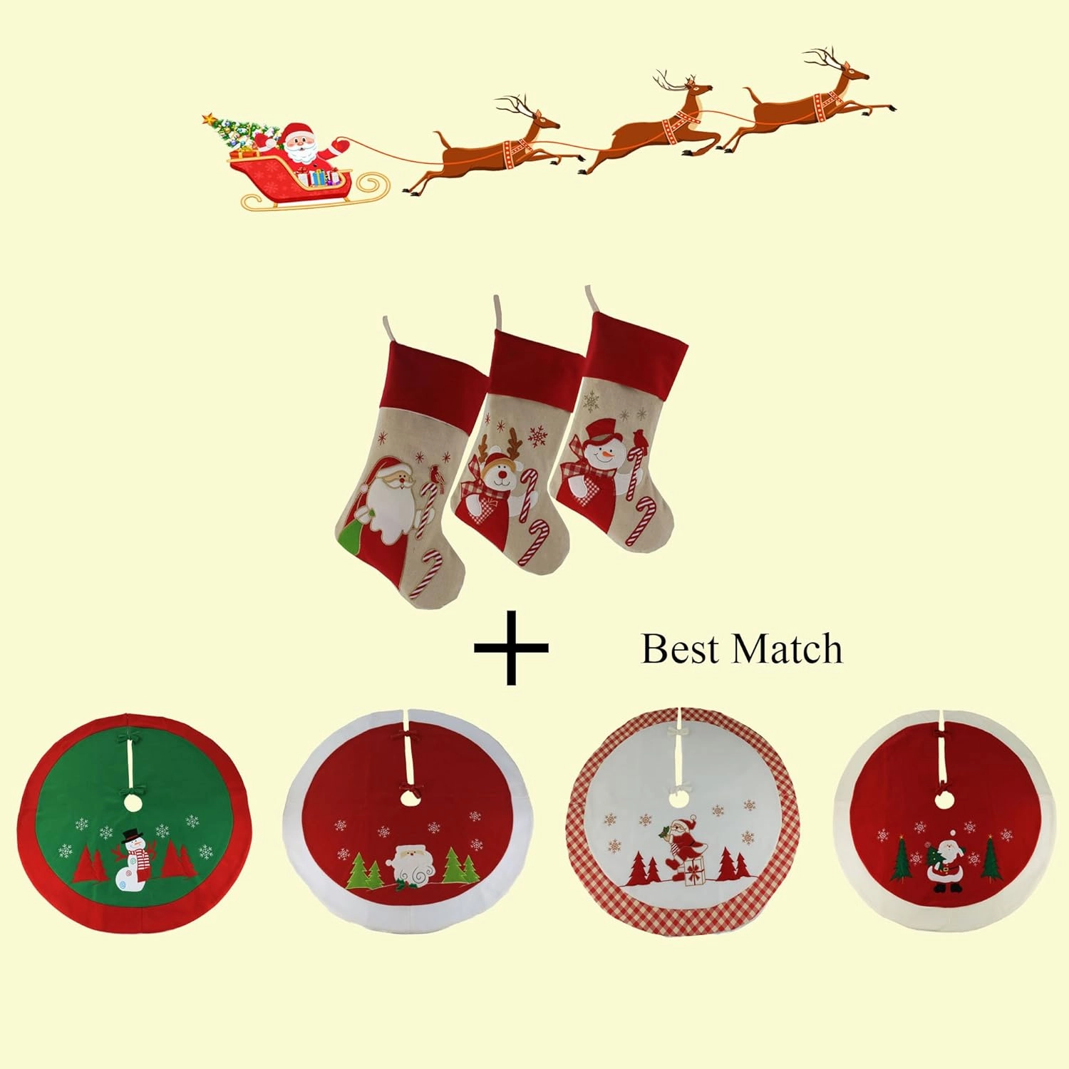 WEWILL Lovely Christmas Stockings Set of 3 Santa, Snowman, Reindeer, Xmas Character 3D Plush Linen Hanging Tag Knit Border, 17 Inch