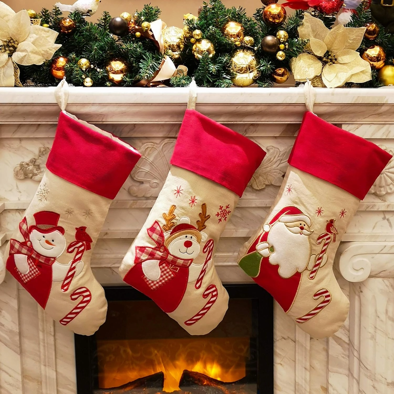 WEWILL Lovely Christmas Stockings Set of 3 Santa, Snowman, Reindeer, Xmas Character 3D Plush Linen Hanging Tag Knit Border, 17 Inch