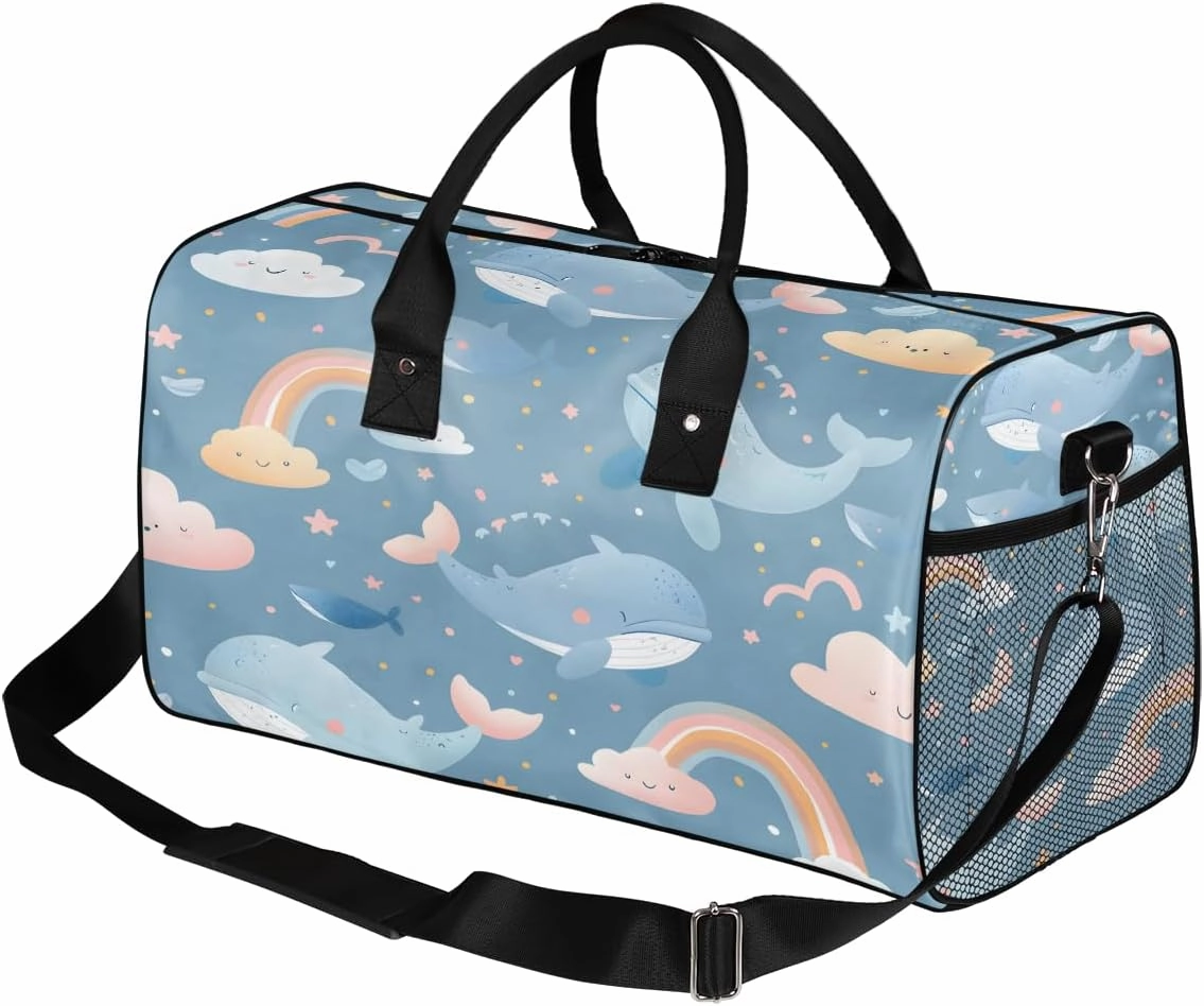 Whale Travel Duffle Bag for Women Men Foldable Waterproof Weekender Bag Carry on Tote for Overnight Sports Gym Cute Whale Rainbow