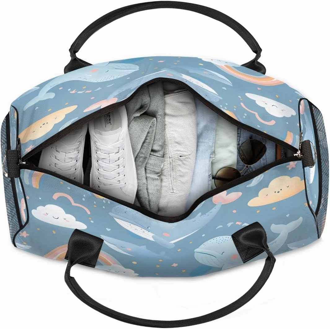 Whale Travel Duffle Bag for Women Men Foldable Waterproof Weekender Bag Carry on Tote for Overnight Sports Gym Cute Whale Rainbow
