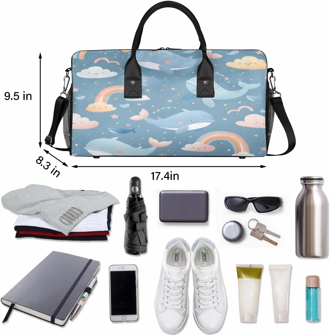 Whale Travel Duffle Bag for Women Men Foldable Waterproof Weekender Bag Carry on Tote for Overnight Sports Gym Cute Whale Rainbow