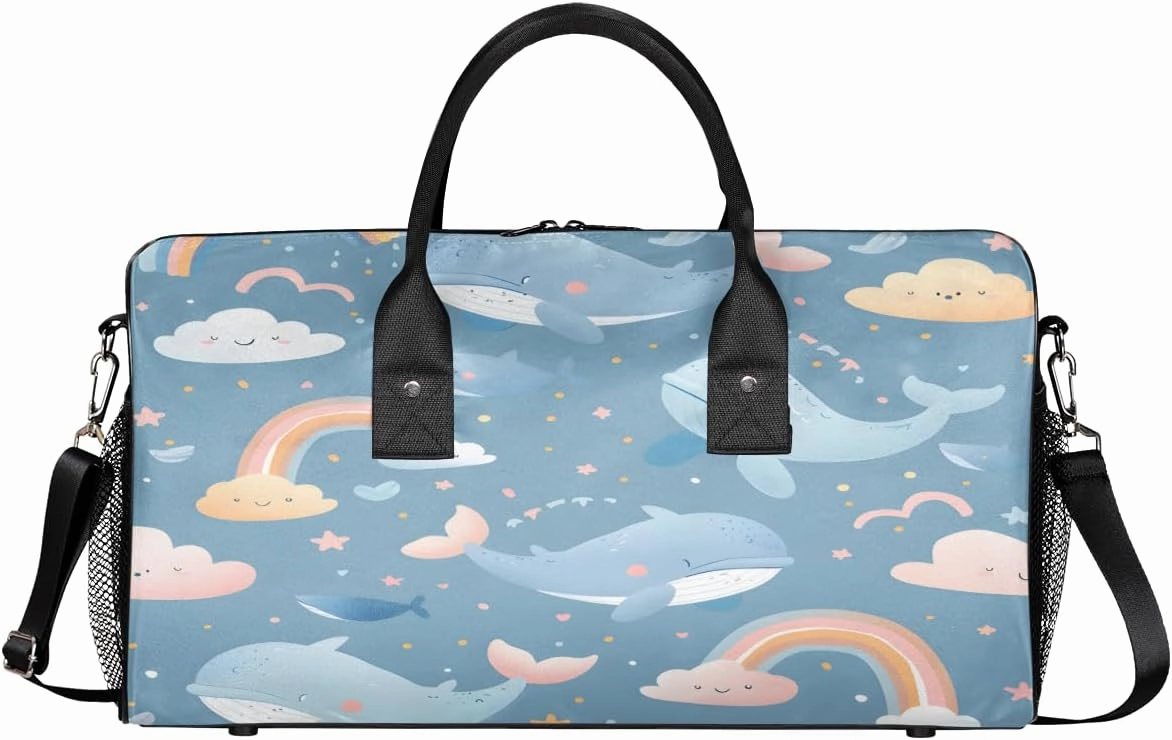 Whale Travel Duffle Bag for Women Men Foldable Waterproof Weekender Bag Carry on Tote for Overnight Sports Gym Cute Whale Rainbow