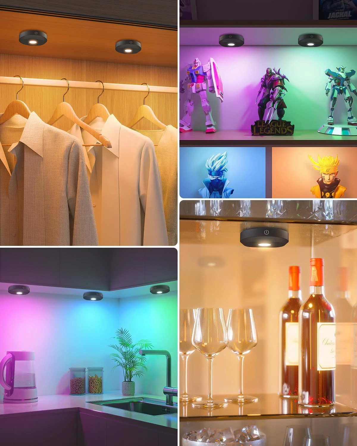 WILLED Under Cabinet Lighting Wireless,RGB Rechargeable Puck Lights with Remote Control,Battery Touch Tap Light with Timer Function,Stick On LED Lights for Kitchen,Cabinet,Counter,Closet,Shelf,6 Pack
