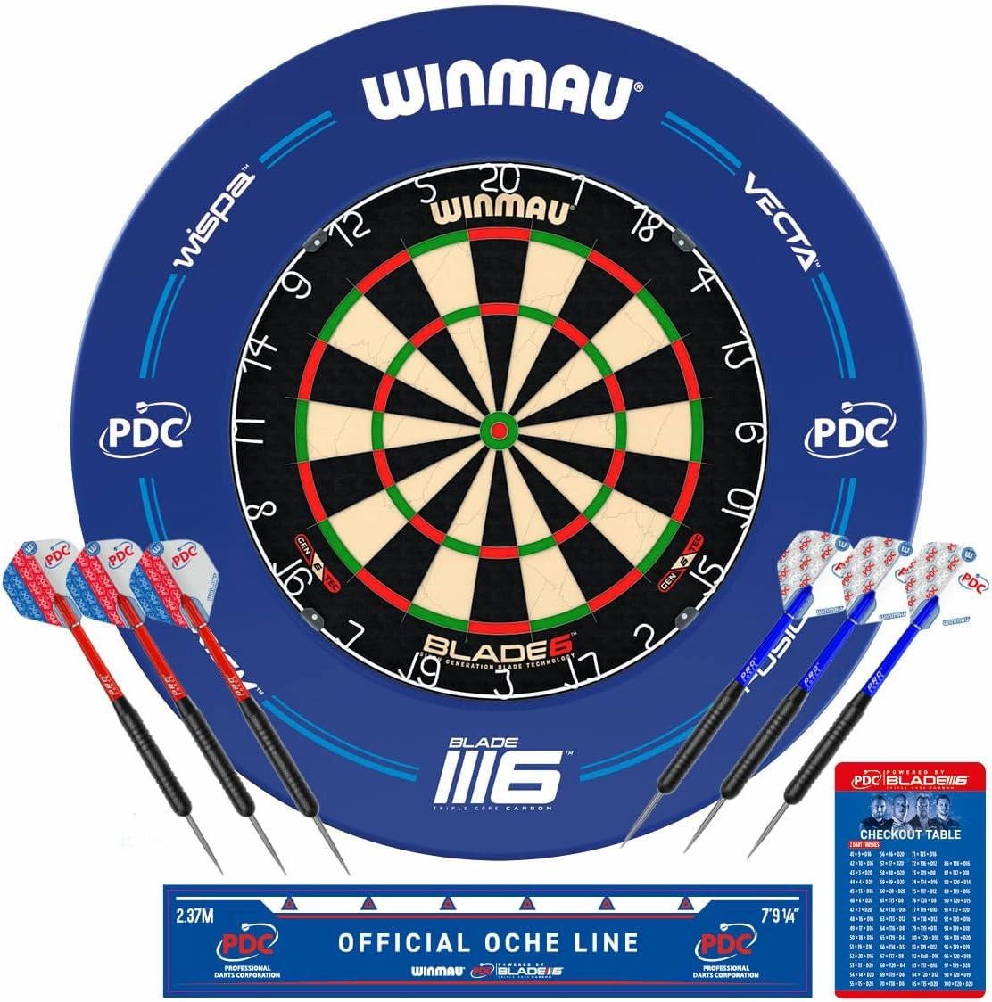 WINMAU Blade 6 PDC Dartboard Surround Set with Darts Oche Stripe and Checkout Card