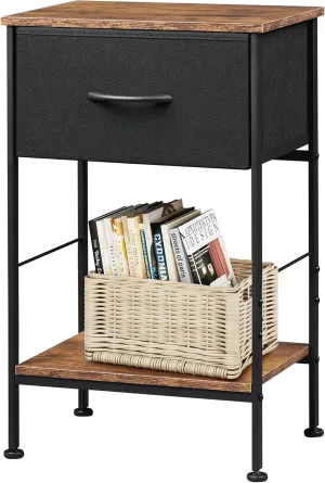 WLIVE Nightstand, End Table with Fabric Storage Drawer and Open Wood Shelf, Bedside Furniture with Steel Frame, Side Table for Bedroom, Dorm, Easy Assembly, Black and Rustic Brown, 25.0" Height