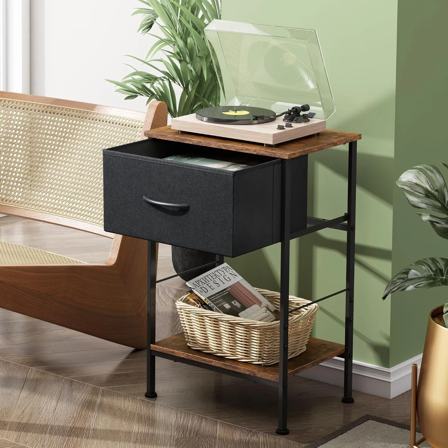 WLIVE Nightstand, End Table with Fabric Storage Drawer and Open Wood Shelf, Bedside Furniture with Steel Frame, Side Table for Bedroom, Dorm, Easy Assembly, Black and Rustic Brown, 25.0" Height