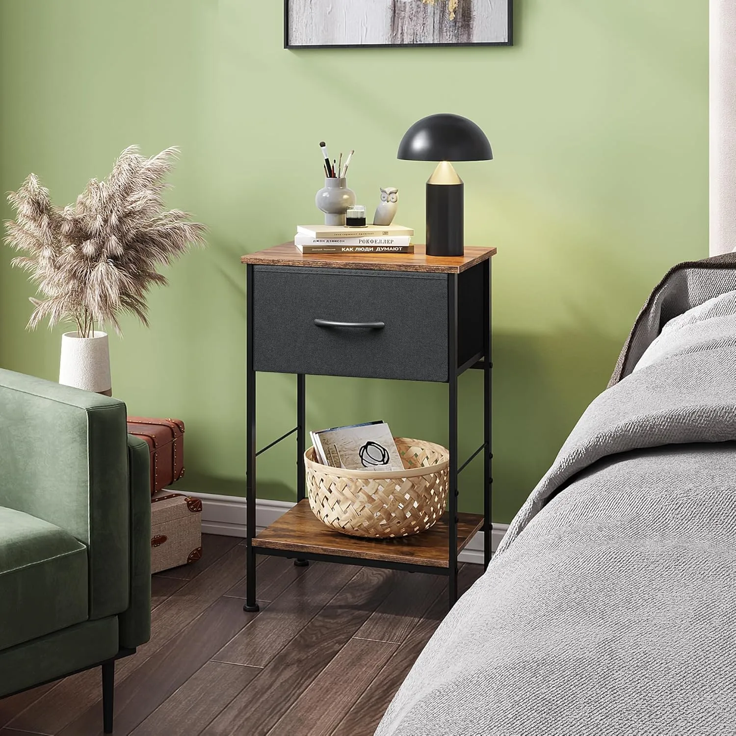 WLIVE Nightstand, End Table with Fabric Storage Drawer and Open Wood Shelf, Bedside Furniture with Steel Frame, Side Table for Bedroom, Dorm, Easy Assembly, Black and Rustic Brown, 25.0" Height
