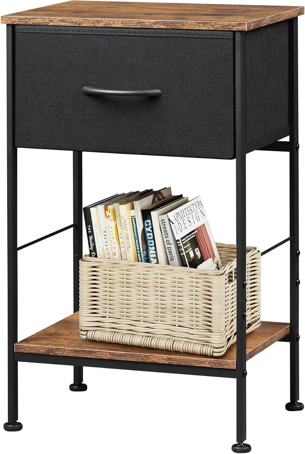 WLIVE Nightstand, End Table with Fabric Storage Drawer and Open Wood Shelf, Bedside Furniture with Steel Frame, Side Table for Bedroom, Dorm, Easy Assembly, Black and Rustic Brown, 25.0" Height