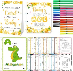 WNINK Baby's First ABC Book & Baby Shower Game – A to Z Coloring Cards with 24 Watercolor Pens, Fun Interactive Activity for Guests, Unique Keepsake Alternative to Guest Book (Bee Theme)
