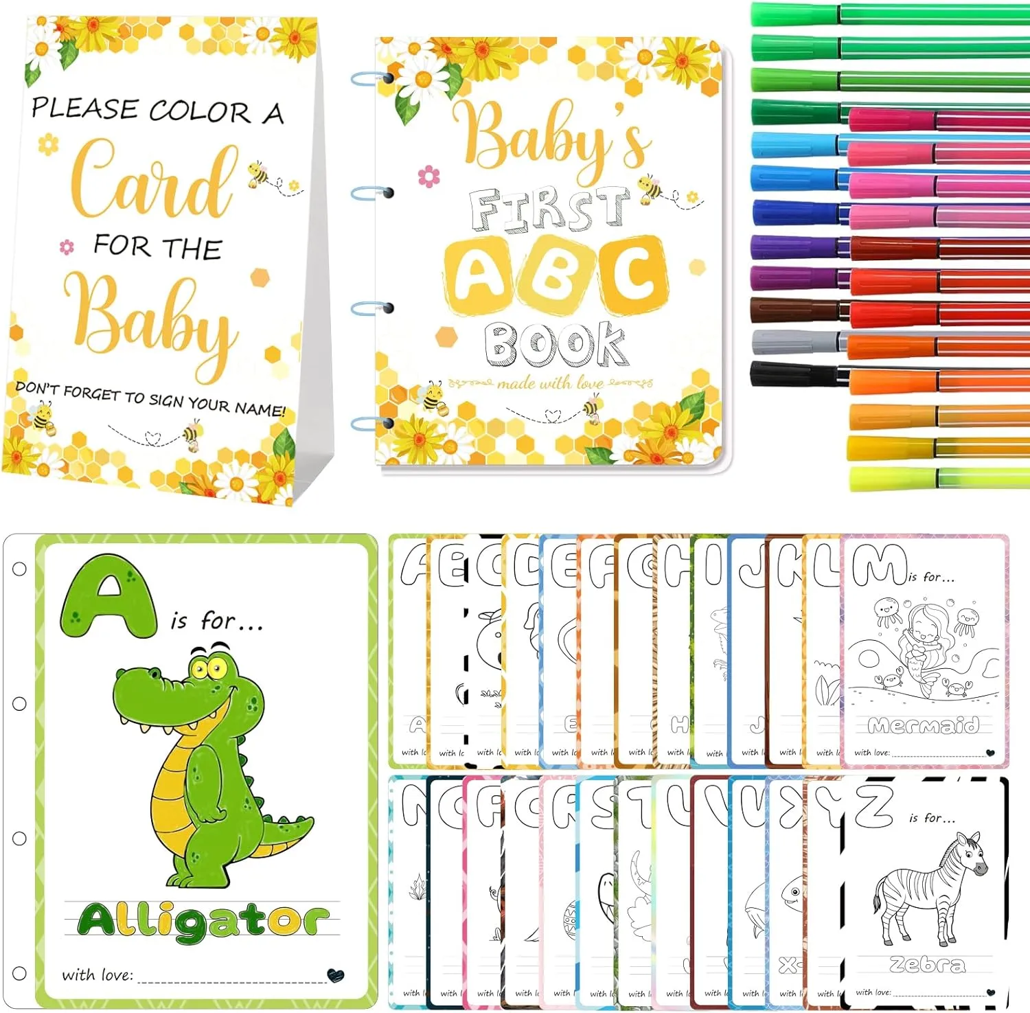 WNINK Baby's First ABC Book & Baby Shower Game – A to Z Coloring Cards with 24 Watercolor Pens, Fun Interactive Activity for Guests, Unique Keepsake Alternative to Guest Book (Bee Theme)