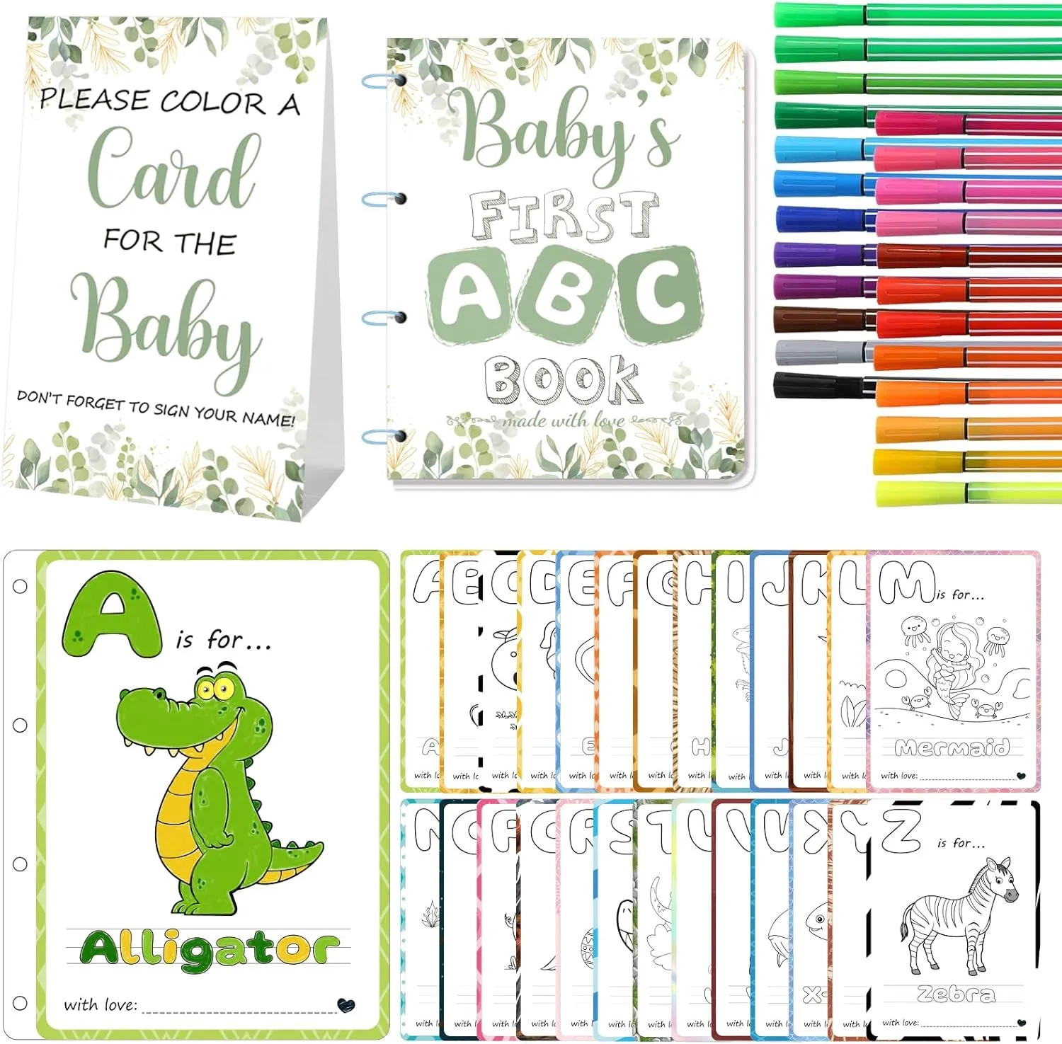 WNINK Baby's First ABC Book & Baby Shower Game – A to Z Coloring Cards with 24 Watercolor Pens, Fun Interactive Activity for Guests, Unique Keepsake Alternative to Guest Book (Sage Theme)