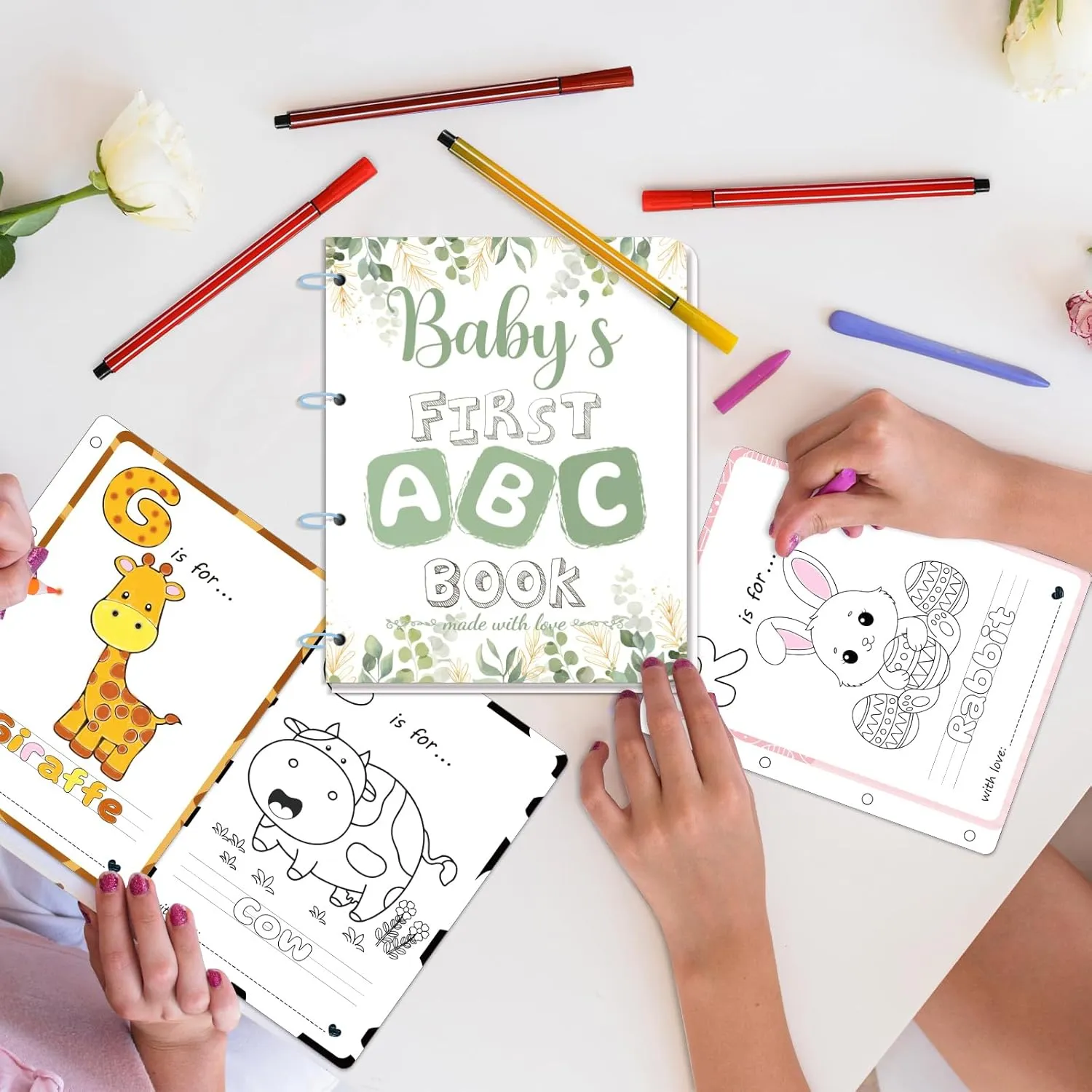 WNINK Baby's First ABC Book & Baby Shower Game – A to Z Coloring Cards with 24 Watercolor Pens, Fun Interactive Activity for Guests, Unique Keepsake Alternative to Guest Book (Sage Theme)
