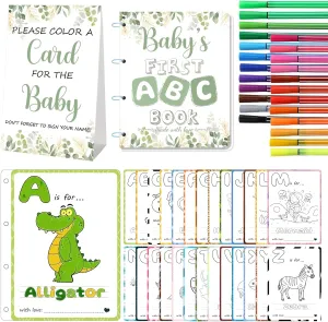 WNINK Baby's First ABC Book & Baby Shower Game – A to Z Coloring Cards with 24 Watercolor Pens, Fun Interactive Activity for Guests, Unique Keepsake Alternative to Guest Book (Sage Theme)