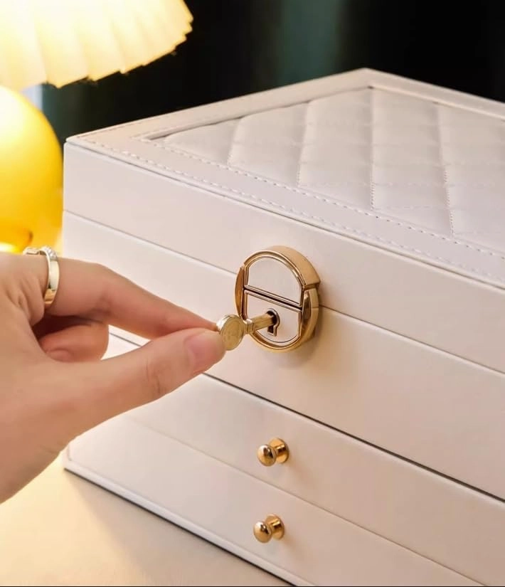 Women Jewelry Box,Light Luxury Luxury Diamond Grid PU Leather Jewelry Box,Multilayer Jewelry Storage Rack for Ring Watch Earrings Jewelry Necklace Bracelet Holiday Gift (White Three Layer)
