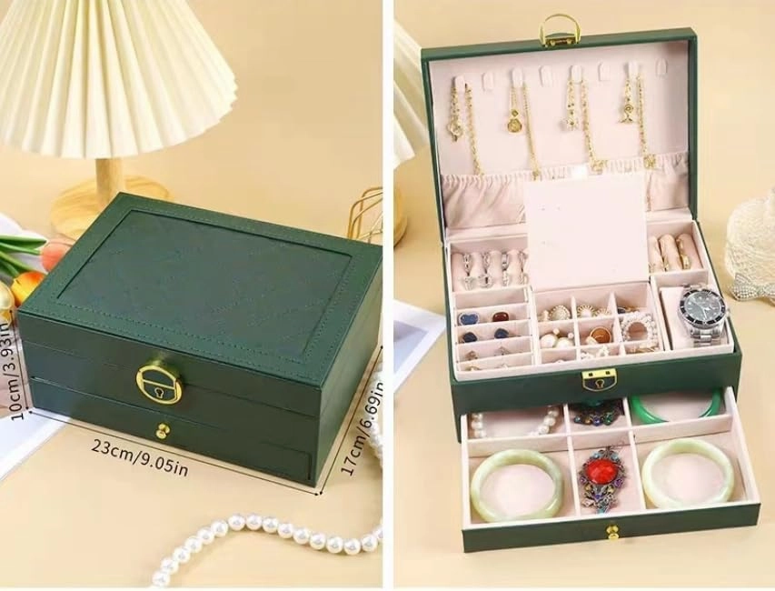 Women Jewelry Box,Light Luxury Luxury Luxury Diamond Grid PU Leather Jewelry Box,Multilayer Jewelry Storage Rack for Ring Watch Earrings Jewelry Necklace Bracelet Holiday Gift (Green Triple Layer)