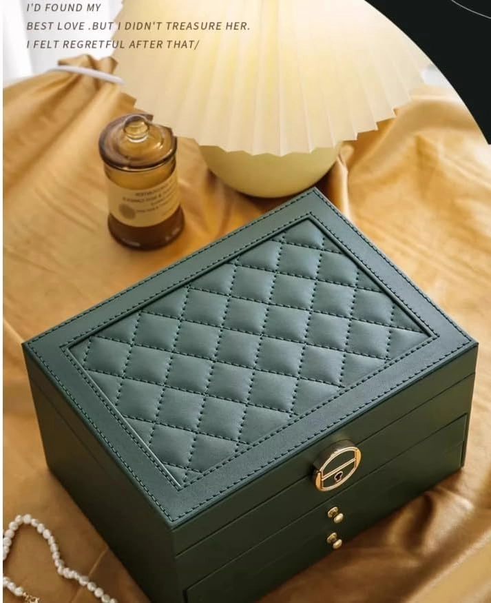 Women Jewelry Box,Light Luxury Luxury Luxury Diamond Grid PU Leather Jewelry Box,Multilayer Jewelry Storage Rack for Ring Watch Earrings Jewelry Necklace Bracelet Holiday Gift (Green Triple Layer)