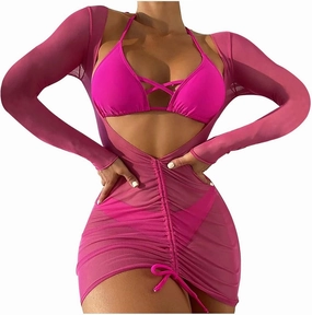 Women's 3 Piece Bathing Suits Halter Ring Bikini Set with Cover Up Skirts Swimsuits