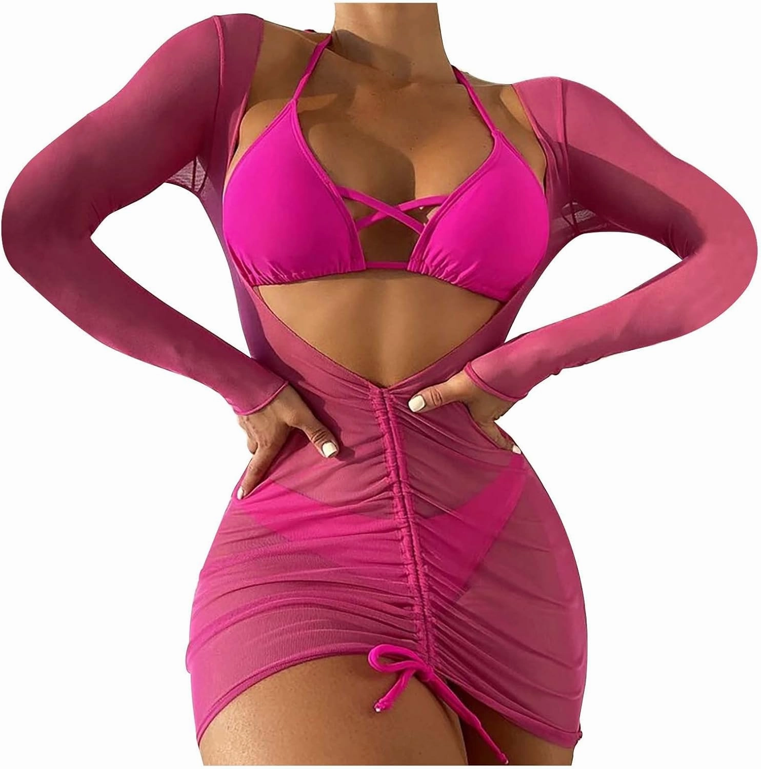 Women's 3 Piece Bathing Suits Halter Ring Bikini Set with Cover Up Skirts Swimsuits
