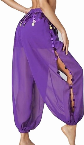 Women's Belly Dance Pants Side Split Sequin Shiny Harem Arabian Dancing Performance Trousers
