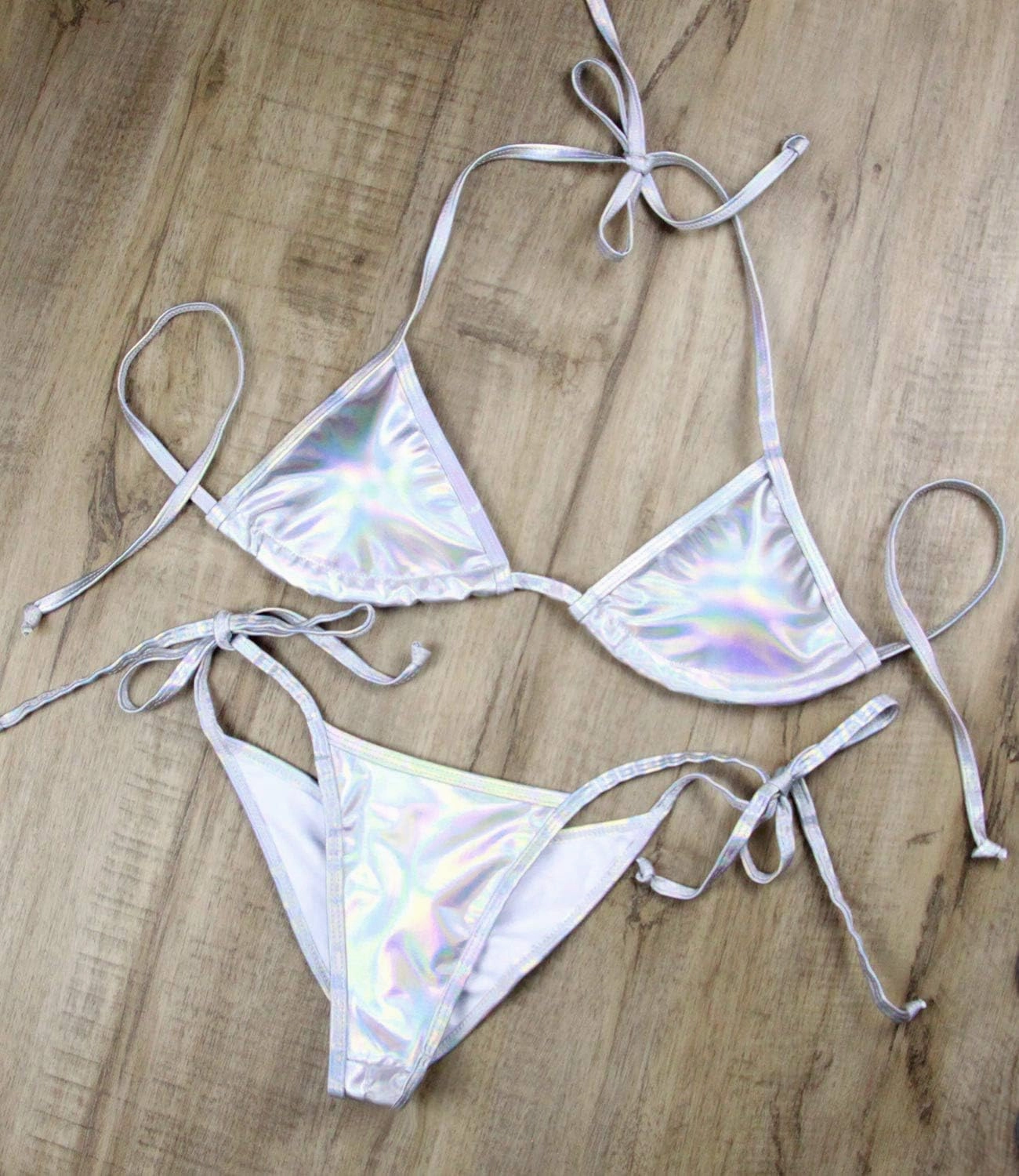 Women's Liquid Metallic Rainbow Bikini Sets Shiny String Padded Triangle 2 Pieces Swimsuit Set
