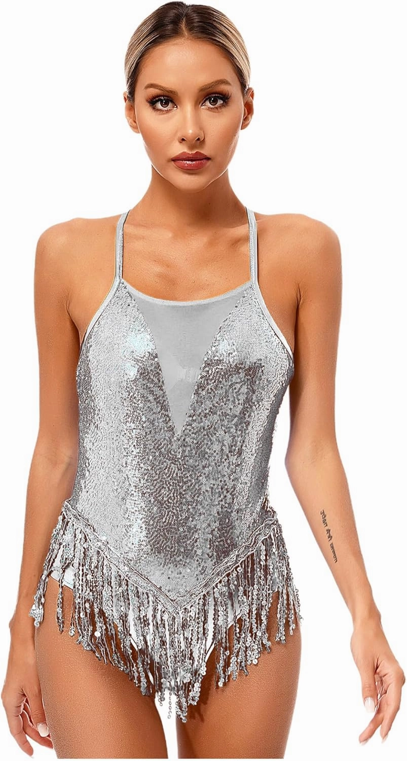 Women's Sequin Latin Samba Rumba Cha Cha Leotard with Gloves Tango Ballroom Dance Outfit
