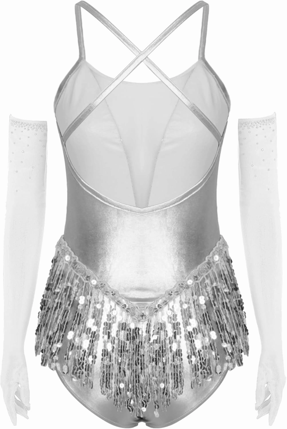 Women's Sequin Latin Samba Rumba Cha Cha Leotard with Gloves Tango Ballroom Dance Outfit
