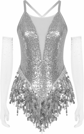 Women's Sequin Latin Samba Rumba Cha Cha Leotard with Gloves Tango Ballroom Dance Outfit