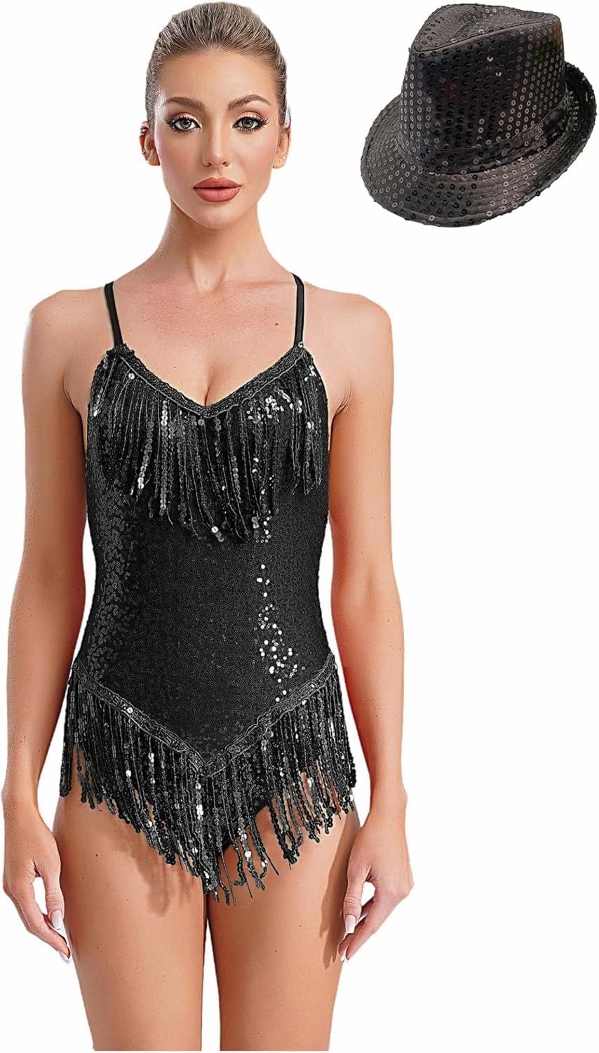 Women's Shiny Sequin Fringed Rumba Samba Latin Jazz Dance Top Bodysuit with Hat Ballroom Costume