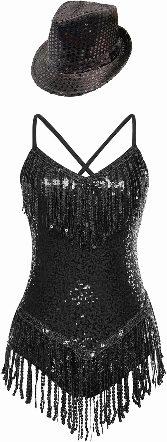 Women's Shiny Sequin Fringed Rumba Samba Latin Jazz Dance Top Bodysuit with Hat Ballroom Costume