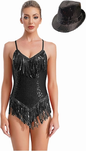 Women's Shiny Sequin Fringed Rumba Samba Latin Jazz Dance Top Bodysuit with Hat Ballroom Costume