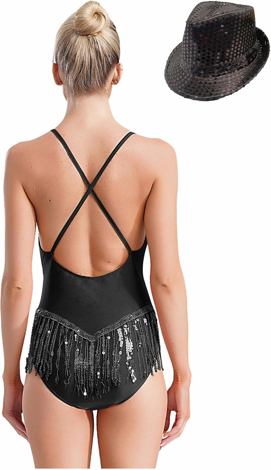 Women's Shiny Sequin Fringed Rumba Samba Latin Jazz Dance Top Bodysuit with Hat Ballroom Costume